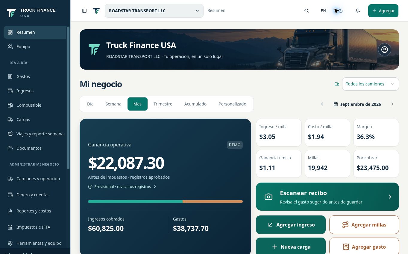 Dashboard real de Truck Finance USA con ingresos, gastos y costo por milla de una empresa demo